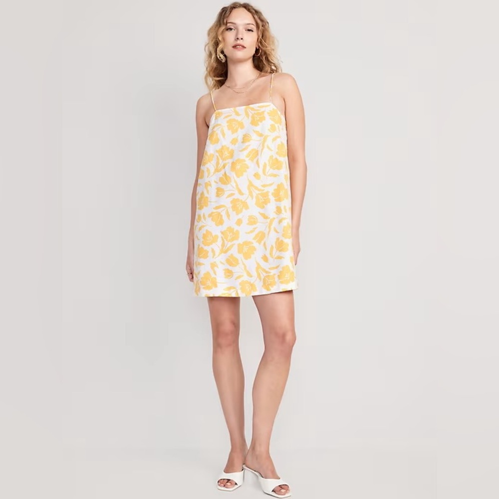NWT Old Navy Yellow Floral Linen Blend Square Neck Resort Mini Dress, Size L